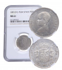 1891*91. Alfonso XIII (1886-1931). Madrid. 1 Peseta. PGM. A&C 53. Ag. Encapsulada en NGC en MS 61. SC. Est.300.