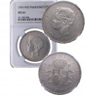 1895. Alfonso XIII (1886-1931). Puerto Rico. 1 peso. PGV. A&C 128. Ag. Encapsulada en NGC MS 61. MUY RARA así. SC. Est.1200.