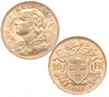 1922. Suiza. 20 francos. Au. 6,45 g. EBC+. Est.350.