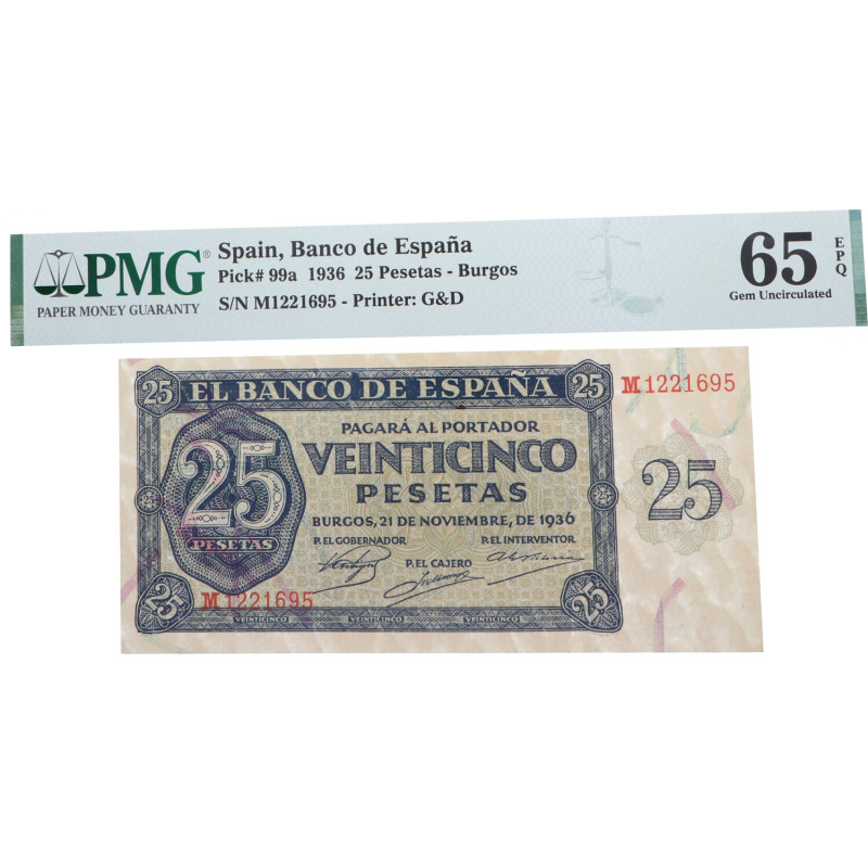 1936. Estado Español (1936-1975). 25 Pesetas. Encapsulado PMG 65 EPQ. SC. Est.12...
