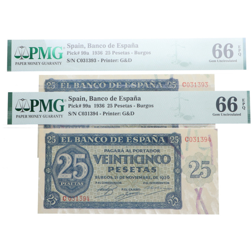 1936. Estado Español (1936-1975). Burgos. 2 billetes de 25 Pesetas. Pick # 99a. ...