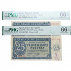 1936. Estado Español (1936-1975). Burgos. 2 billetes de 25 Pesetas. Pick # 99a. Encapsulado PMG 65 y 66 EPQ series correlativas. SC. Est.250.