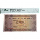 1938. Estado Español (1936-1975). Burgos. 100 Pesetas. Pick # 113a. Encapsulado PMG 65 EPQ. SC. Est.100.