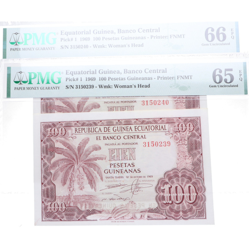 1969. Estado Español (1936-1975). (2 billetes)100 Pesetas Guineanas. Encapsulado...