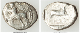 THESSALY. Larissa. Ca. 460-400 BC. AR drachm (22mm, 5.58 gm, 11h). About Fine, scuff, porosity. Thessalus standing left, nude but for chlamys over sho...