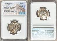 ATTICA. Athens. Ca. 440-404 BC. AR tetradrachm (24mm, 17.21 gm, 5h). NGC Choice AU 5/5 - 4/5. Mid-mass coinage issue. Head of Athena right, wearing ea...