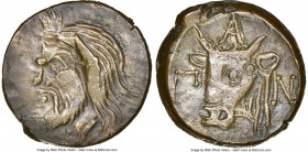 CIMMERIAN BOSPOROS. Panticapaeum. Ca. 4th-3rd Centuries BC. AE (18mm, 4.84 gm, 12h). NGC AU 4/5 - 4/5. Head of bearded Satyr (or Pan) left / Π-A-N, he...