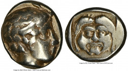 LESBOS. Mytilene. Ca. 454-427 BC. EL sixth stater or hecte (11mm, 2.51 gm, 10h). NGC Fine 4/5 - 3/5. Head of Actaeon right, with wavy hair, stag horn ...