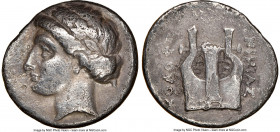 IONIA. Colophon. Ca. 4th Century BC. AR drachm (17mm, 12h). NGC VF. Laureate head of Apollo left, with rolled hair / KOΛOΦΩ-NIKIAΣ, lyre (chelys). BMC...