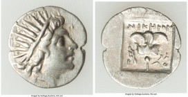 CARIAN ISLANDS. Rhodes. Ca. 88-84 BC. AR drachm (16mm, 1.68 gm, 12h). VF. Plinthophoric standard, Nicephorus, magistrate. Radiate head of Helios right...