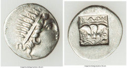 CARIAN ISLANDS. Rhodes. Ca. 88-84 BC. AR drachm (16mm, 1.95 gm, 12h). XF. Plinthophoric standard, Philon, magistrate. Radiate head of Helios right / Φ...