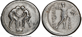 PAMPHYLIA. Aspendus. Ca. 325-250 BC. AR stater (26mm, 12h). NGC VF. Two wrestlers grappling; K between / ΕΣΤFΕΔΙΥ, slinger standing right, placing bul...