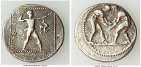 PAMPHYLIA. Aspendus. Ca. 325-250 BC. AR stater (19mm, 10.74 gm, 12h). About VF, scuff. Two wrestlers grappling; FN (N retrograde) between, dotted bord...