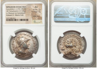 BACTRIAN KINGDOM. Eucratides I the Great (ca. 170-145 BC). AR tetradrachm (33mm, 17.06 gm, 12h). NGC AU 5/5 - 2/5, edge bend. Draped and cuirassed bus...