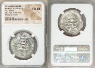 SASANIAN KINGDOM. Khusro II (AD 591-628). AR drachm (33mm, 3h). NGC Choice XF. Bust of Khusro II right, wearing mural crown with frontal crescent, two...