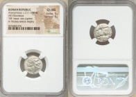 Anonymous. Ca. 211-208 BC. AR victoriatus (17mm, 2h). NGC Choice MS 5/5 - 5/5. Laureate head of Jupiter right; dotted border / ROMA, Victory standing ...