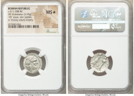 Anonymous. Ca. 211-208 BC. AR victoriatus (19mm, 3.29 gm, 1h). NGC MS S. Laureate head of Jupiter right; dotted border / ROMA, Victory standing right,...