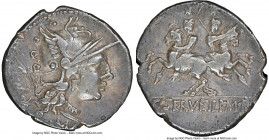 C. Servilius M.f. (ca. 136 BC). AR denarius (20mm, 3.72 gm, 10h). NGC Choice VF 5/5 - 3/5, scuff. Rome. ROMA, head of Roma right, wearing winged helme...