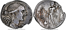 L. Valerius Flaccus (ca. 108-107 BC). AR denarius (19mm, 3.76 gm, 5h). NGC Choice XF 4/5 - 2/5, edge marks, scratches. Rome. Draped bust of Victory ri...