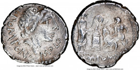 L. Pomponius Molo (ca. 97 BC). AR denarius (18mm, 3.45 gm, 1h). NGC XF 4/5 - 1/5, edge chip. Rome. L•POMPON•-MOLO, laureate head of Apollo right / NVM...