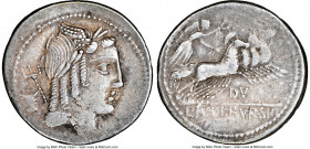 L. Julius Bursio (ca. 85 BC). AR denarius (21mm, 3.93 gm, 5h). NGC Choice VF 4/5 - 4/5. Rome. Laureate, winged, draped bust of Apollo Vejovis right; t...