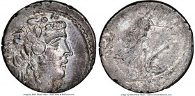 C. Vibius C.f. C.n. Pansa Caetronianus (ca. 48 BC). AR denarius (18mm, 3.88 gm, 7h). NGC Choice VF 4/5 - 4/5, edge scuff. Rome. PANSA, wreathed head o...
