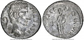 Augustus (27 BC-AD 14), with C. Marius C.f. Tromentina tribu, as moneyer. AR denarius (19mm, 3.64 gm, 11h). NGC AU 4/5 - 2/5, bankers mark. Rome, 13 B...