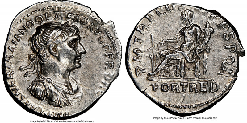 Trajan (AD 98-117). AR denarius (19mm, 8h). NGC Choice XF. Rome, AD 114-116. IMP...