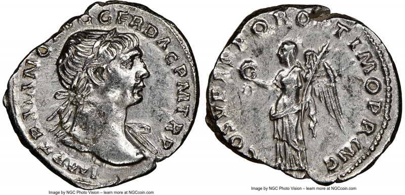 Trajan (AD 98-117). AR denarius (19mm, 7h). NGC XF, flan flaw. Rome, ca. AD 103-...