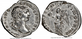 Trajan (AD 98-117). AR denarius (19mm, 7h). NGC XF, flan flaw. Rome, ca. AD 103-111. IMP TRAIANO AVG GER DAC P M TR P, laureate head of Trajan right, ...