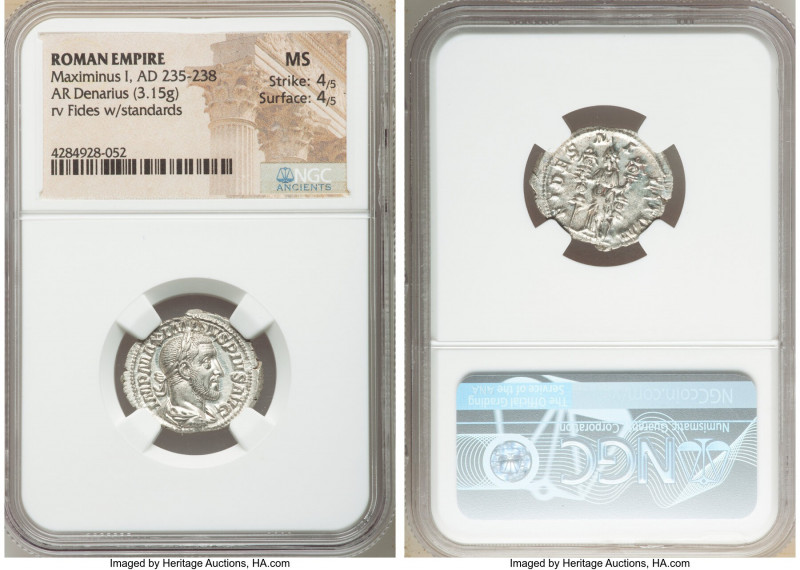Maximinus I (AD 235-238). AR denarius (21mm, 3.15 gm, 7h). NGC MS 4/5 - 4/5. Rom...