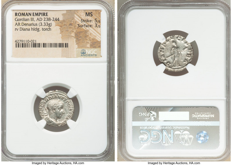 Gordian III (AD 238-244). AR denarius (20mm, 3.33 gm, 6h). NGC MS 5/5 - 3/5. Rom...