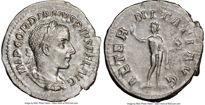 Gordian III (AD 238-244). AR denarius (21mm, 5h). NGC AU, flan flaw. Rome, fourt...