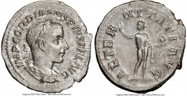 Gordian III (AD 238-244). AR denarius (21mm, 5h). NGC AU, flan flaw. Rome, fourth issue, AD 241-243. IMP GORDIANVS PIVS FEL AVG, laureate, draped, cui...