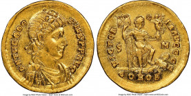Theodosius I, Eastern Roman Empire (AD 379-395). AV solidus (20mm, 4.43 gm, 1h). NGC Choice AU 5/5 - 3/5, graffiti. Sirmium, 5th officina, AD 393-395....
