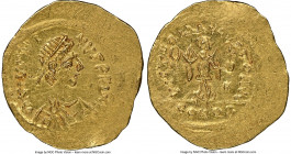Justin I (AD 518-527). AV tremissis (17mm, 1.48 gm, 7h). NGC MS 4/5 - 3/5, wavy flan. Constantinople. D N IVSTI-NVS PP AVG, pearl-diademed, draped and...