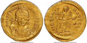Justinian I the Great (AD 527-565). AV solidus (20mm, 6h). NGC AU, light scratches, clipped. Thessalonica, ca. AD 538-545. D N IVSTINI-ANVS PP AVG, he...