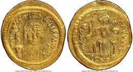 Justin II (AD 565-578). AV solidus (21mm, 4.47 gm, 6h). NGC MS 5/5 - 4/5. Constantinople, 9th officina. D N I-VSTI-NVS PP AVG, cuirassed bust of Justi...