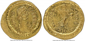 Maurice Tiberius (AD 582-602). AV semissis (20mm, 2.21 gm, 7h). NGC MS 4/5 - 4/5, wavy flan. Constantinople. D N MAV-RI P P AVI, diademed, draped and ...