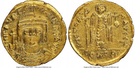 Maurice Tiberius (AD 582-602). AV solidus (21mm, 4.30 gm, 7h). NGC MS 5/5 - 4/5, clipped. Antioch, 3rd officina. o N mAVRC-TIb PP AVG, draped and cuir...