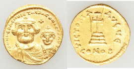 Heraclius (AD 610-641), with Heraclius Constantine. AV solidus (20mm, 4.40 gm, 7h). XF, scratches. Constantinople, 5th officina, ca. AD 616-625. dd NN...