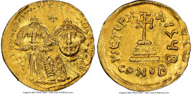 Heraclius (AD 610-641), with Heraclius Constantine. AV solidus (21mm, 4.40 gm, 7h). NGC Choice AU 4/5 - 2/5, graffito, die shift. Constantinople, 2nd ...