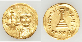 Heraclius (AD 610-641), with Heraclius Constantine. AV solidus (21mm, 4.44 gm, 7h). Choice XF, die shift, light graffiti. Constantinople, 2nd officina...