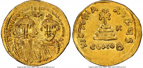 Heraclius (AD 610-641), with Heraclius Constantine. AV solidus (21mm, 4.43 gm, 6h). NGC MS 5/5 - 4/5, clipped. Constantinople, 6th officina, AD 629-63...