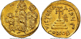 Heraclius (AD 610-641), with Heraclius Constantine and Heraclonas. AV solidus (20mm, 4.42 gm, 6h). NGC Choice AU 5/5 - 4/5. Constantinople, 3rd offici...