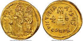 Heraclius (AD 632-641), with Heraclius Constantine and Heraclonas as Caesar. AV solidus (20mm, 4.50 gm, 5h). NGC MS 5/5 - 2/5, graffito. Constantinopl...