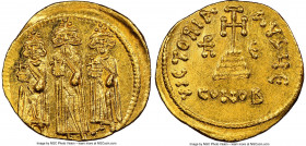 Heraclius (AD 632-641), with Heraclius Constantine and Heraclonas, as Caesar. AV solidus (18mm, 4.45 gm, 6h). NGC MS 5/5 - 4/5. Constantinople, 5th of...