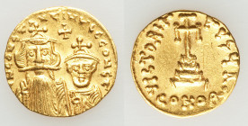 Constans II Pogonatus (AD 641-668), and Constantine IV. AV solidus (19mm, 4.27 gm, 6h). XF, bent, brushed. Constantinople, 6th officina. ca. AD 654-66...