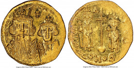 Constans II Pogonatus (AD 641-668), with Constantine IV, Heraclius and Tiberius. AV solidus (19mm, 4.48 gm, 7h). NGC Choice MS 4/5 - 5/5. Constantinop...