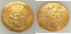 John II Comnenus (AD 1118-1143), AV hyperpyron (31mm, 4.40 gm, 6h). Choice XF, bent, graffiti. Constantinople. + KЄ RO-HΘЄ, Christ enthroned facing, w...